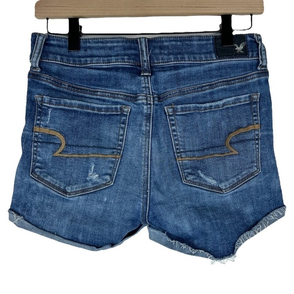 AMERICAN EAGLE Hi Rise Shortie Jean Shorts Distressed Cut Off Super Stretch 4 - Picture 3 of 8